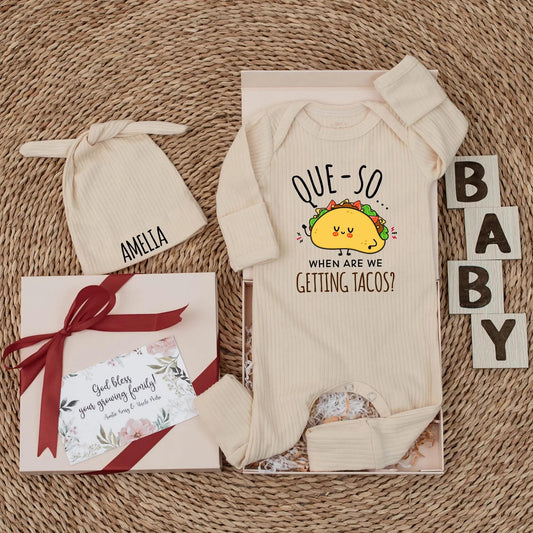 Que-So When Are We Getting Tacos Baby Bodysuit Cute Smiling Taco Design Funny Infant Outfit Delightful Baby Shower Gift Adorable Newborn Clothes