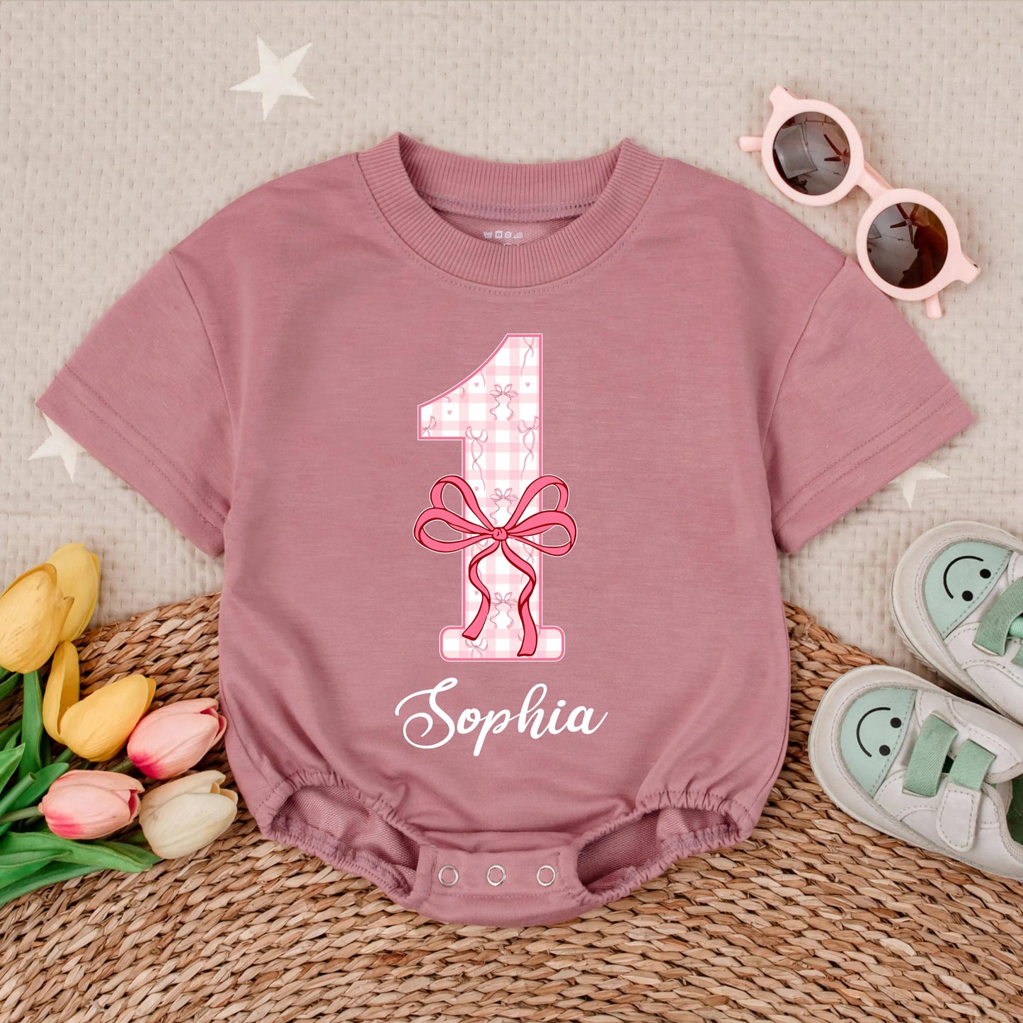 Personalized Pink Bow First Birthday Baby Romper - Custom Name Bubble Romper for Baby Girl, Adorable Outfit Gift