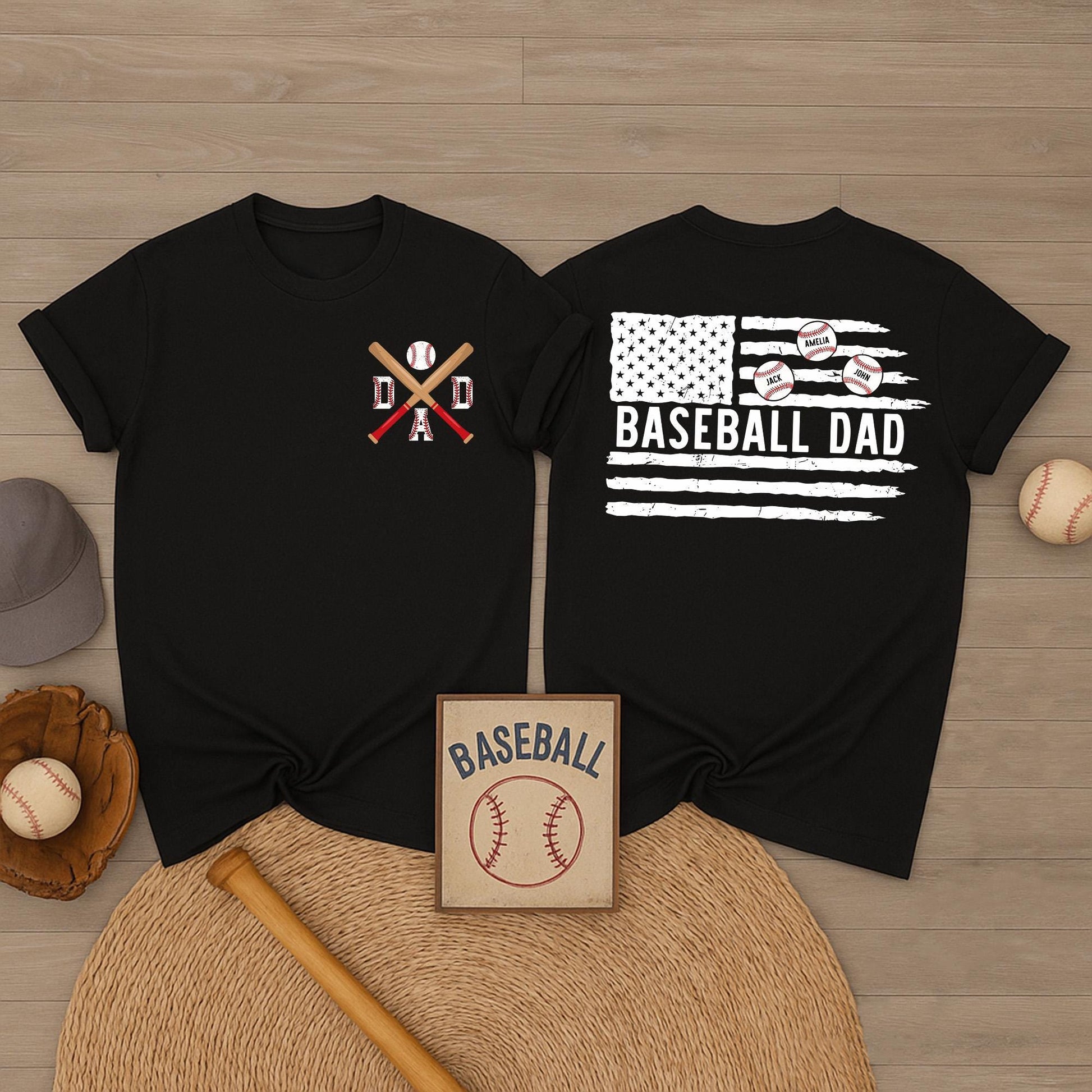 Custom Baseball Dad Shirt with Kid's Names - Baseball Dad Gift for Father's Day & Baseball Season - Comfortable Tee
