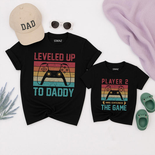 Leveled Up to Daddy Player 2 Has Entered the Game Matching Dad Shirt Soft Comfortable Cotton Tee New Father Gamer Husband Father's Day Gift