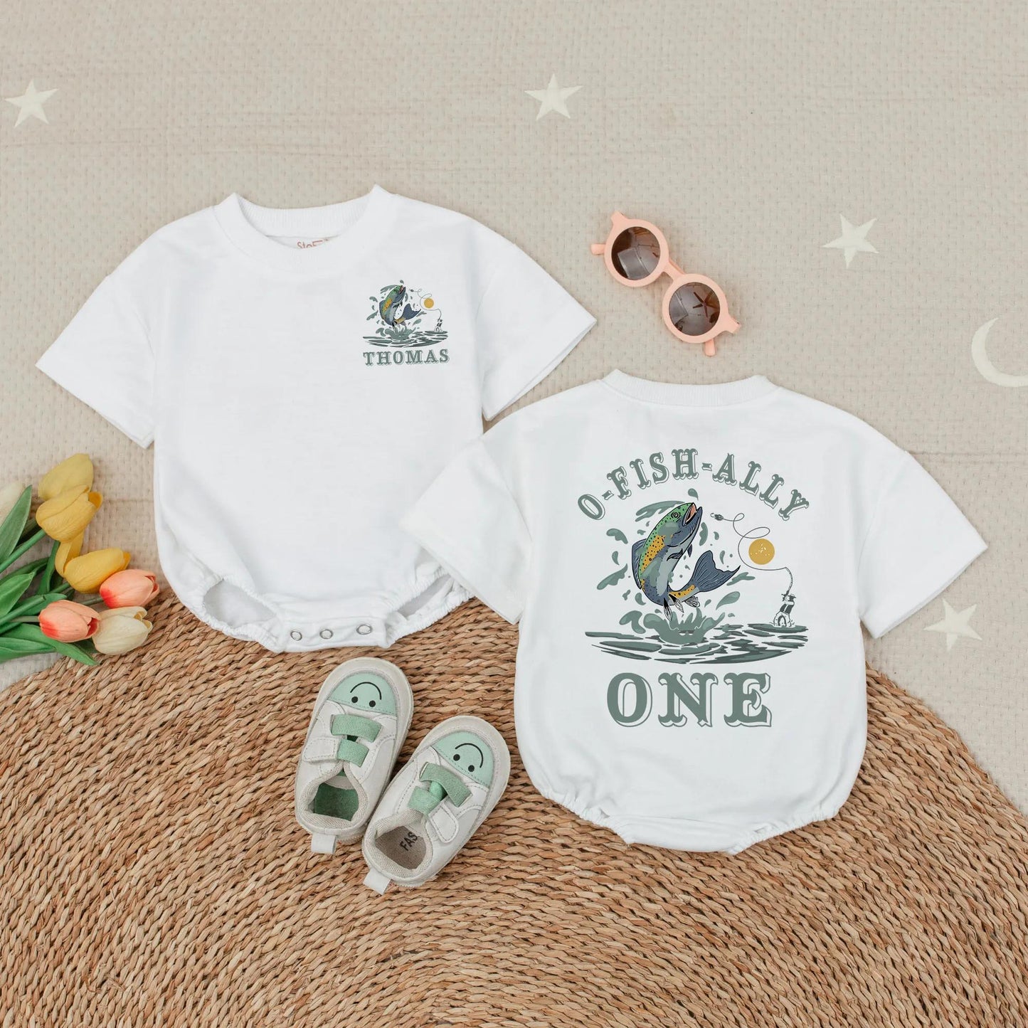 Personalized O-Fish-Ally One Bubble Romper Boy First Birthday Fishing Outfit One Year Old Gift Summer Short Sleeve Cartoon Trout Design