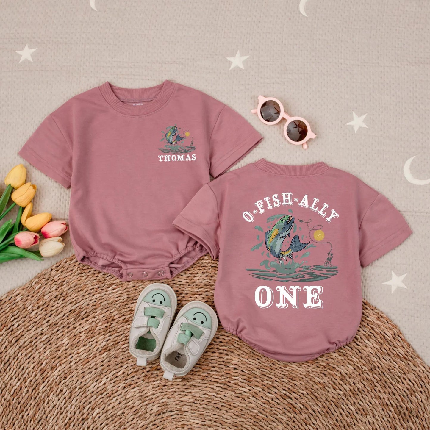 Personalized O-Fish-Ally One Bubble Romper Boy First Birthday Fishing Outfit One Year Old Gift Summer Short Sleeve Cartoon Trout Design