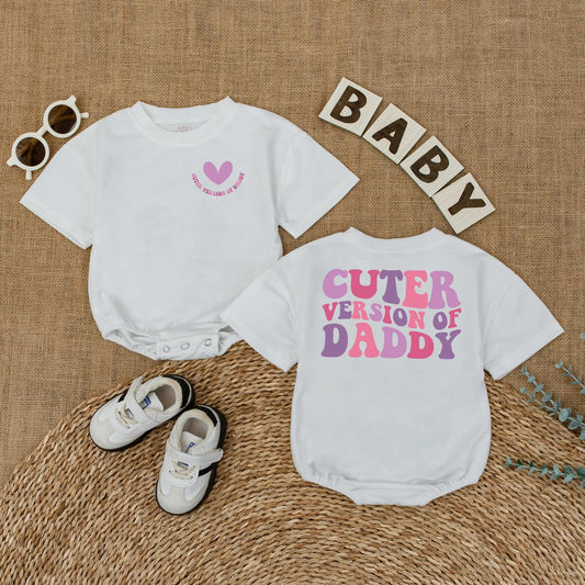 Cuter Version of Daddy Baby Romper with Heart Graphic | Father's Day Bodysuit Gift for Baby Girl Pink & Purple Wavy Text Retro Style