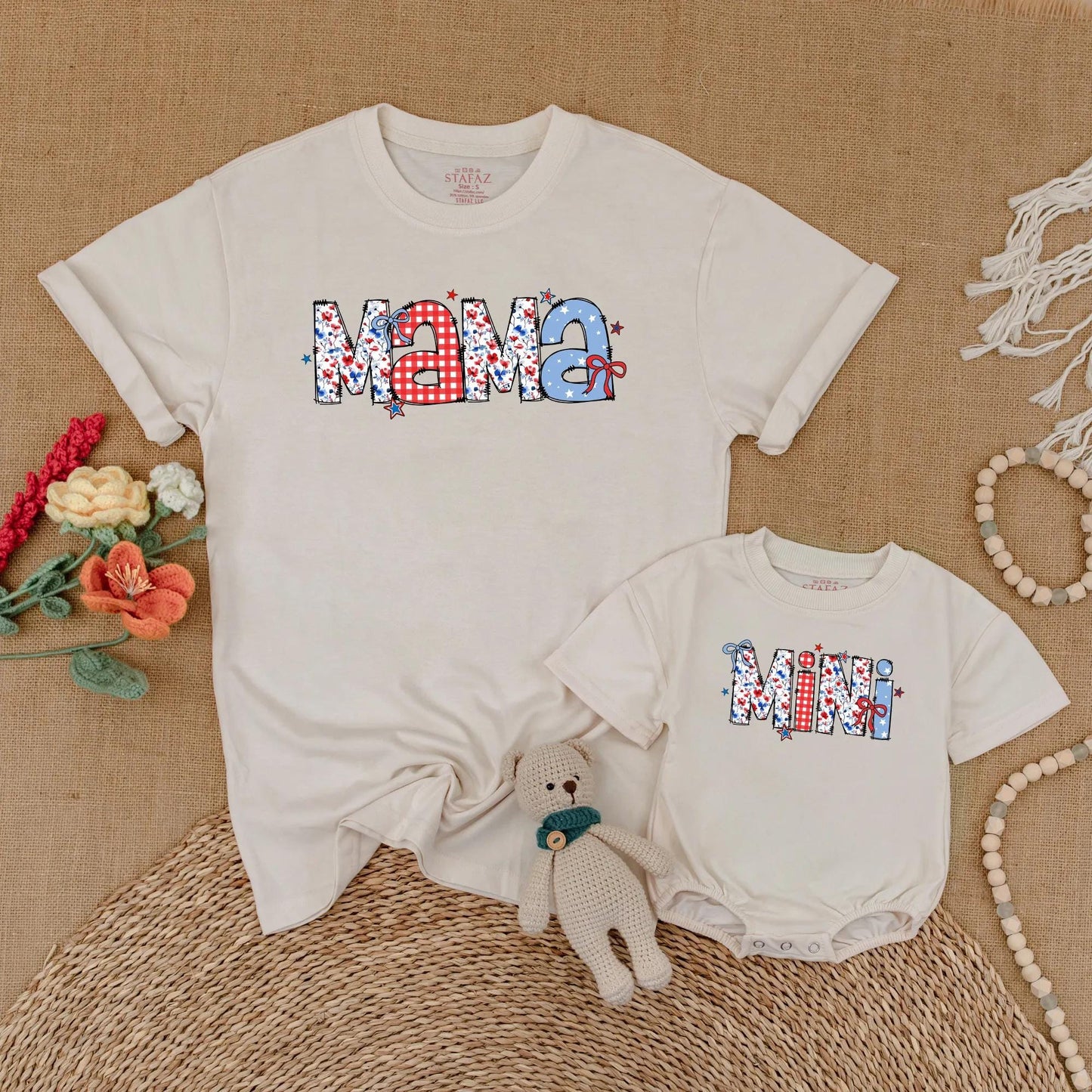 Patriotic Mama and Mini Matching Shirts - Retro American Flag 4th of July Outfits, Mommy and Me Independence Day Family