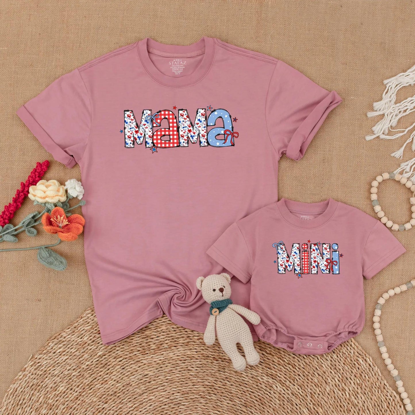 Patriotic Mama and Mini Matching Shirts - Retro American Flag 4th of July Outfits, Mommy and Me Independence Day Family