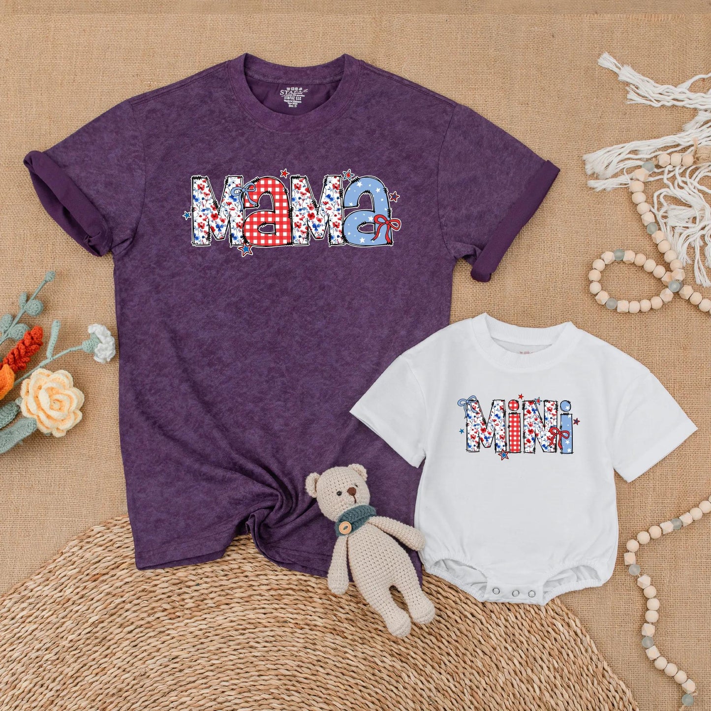 Patriotic Mama and Mini Matching Shirts - Retro American Flag 4th of July Outfits, Mommy and Me Independence Day Family