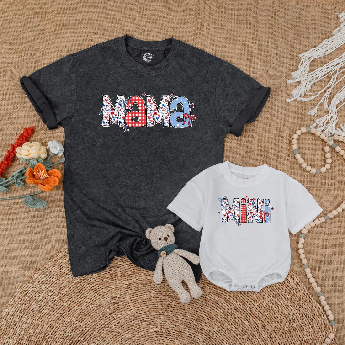 Patriotic Mama and Mini Matching Shirts - Retro American Flag 4th of July Outfits, Mommy and Me Independence Day Family