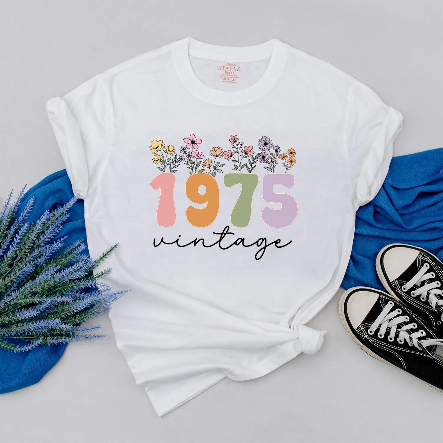 Custom 1975 Birthday Shirt for Women, Floral 50th Gift, Vintage 70s Aesthetic Outfit, Personalized Year Tee, Birthday Present for Her
