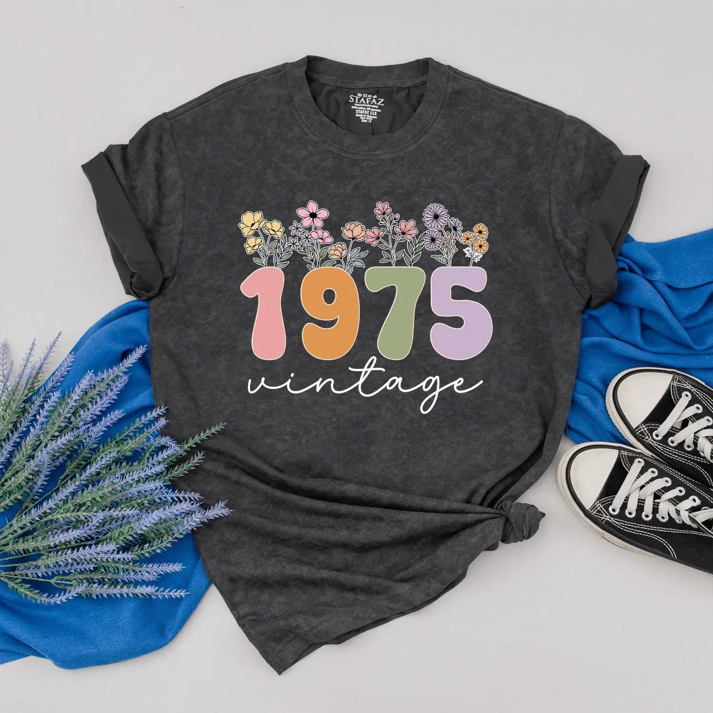 Custom 1975 Birthday Shirt for Women, Floral 50th Gift, Vintage 70s Aesthetic Outfit, Personalized Year Tee, Birthday Present for Her