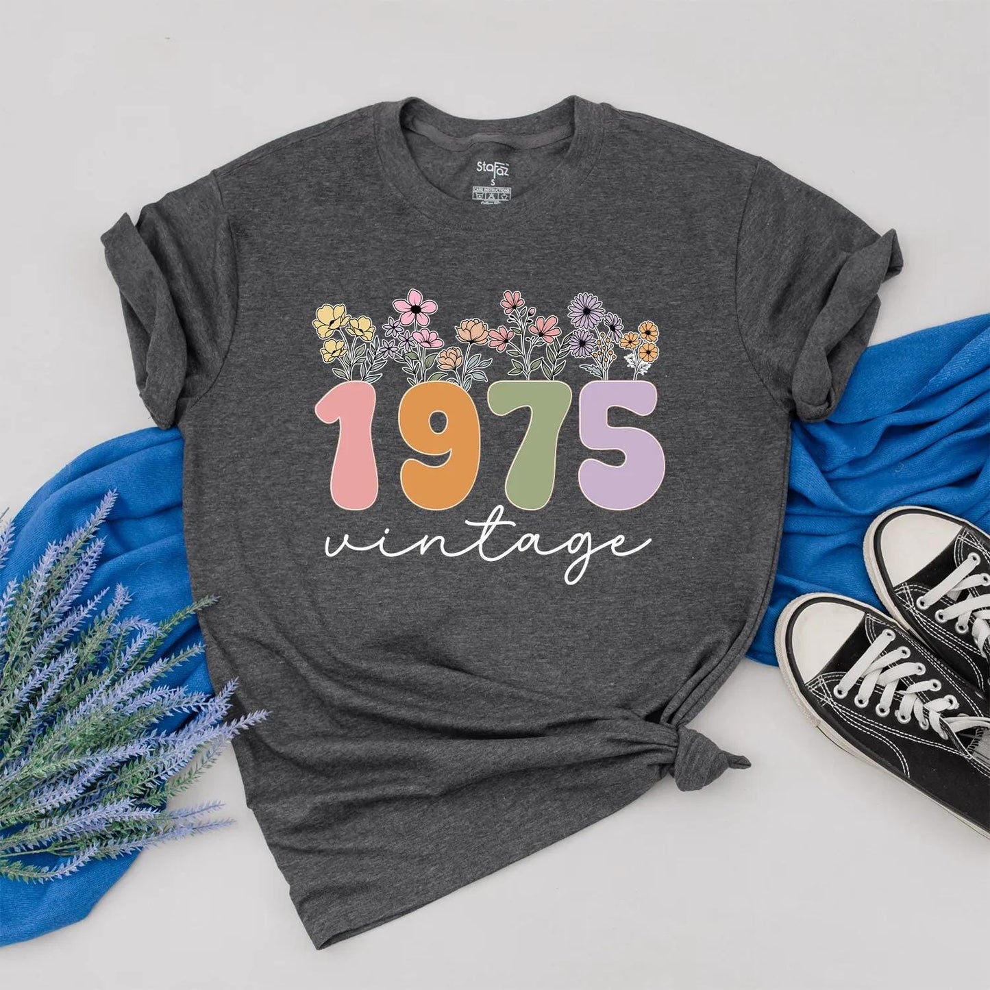 Custom 1975 Birthday Shirt for Women, Floral 50th Gift, Vintage 70s Aesthetic Outfit, Personalized Year Tee, Birthday Present for Her
