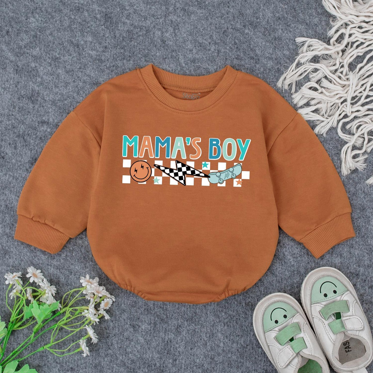 Retro Mama's Boy Romper: Groovy Checkered Bodysuit for Baby Boy, Fun Smiley Face Skateboard Outfit, Soft Cotton Clothes Gift Idea (138 chars)