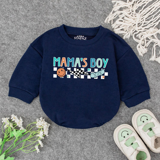 Retro Mama's Boy Romper: Groovy Checkered Bodysuit for Baby Boy, Fun Smiley Face Skateboard Outfit, Soft Cotton Clothes Gift Idea (138 chars)