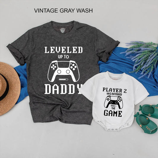 Gamer Dad Leveled Up to Daddy Player 2 Baby Romper Matching Outfits New Dad Gift Father's Day