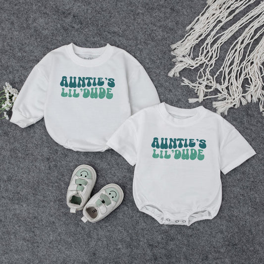 Auntie's Lil' Dude Baby Bodysuit - Retro Blue & Green Design, Soft Cotton, Baby Gift from Auntie, New Aunt Announcement, Baby Shower Gift