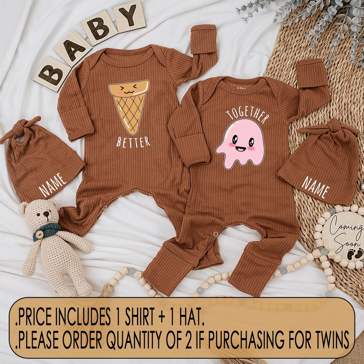 Better Together Twin Baby Bodysuits Ice Cream Theme Cute Newborn Matching Outfit Adorable Twin Baby Shower Gift