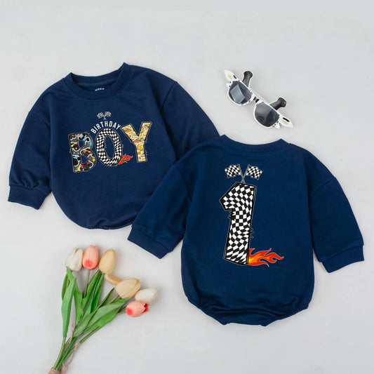 Race Car Checkered Flag First Birthday Romper for Boys Toddler Outfit Adorable Race Theme Baby Clothes Newborn Gift Idea