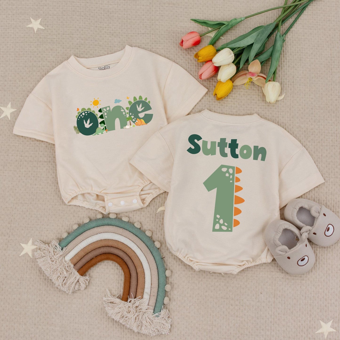 Dinosaur Birthday Baby Romper "ONE" Green Dino Skin Texture with Sun Clouds First Birthday Outfit Toddler