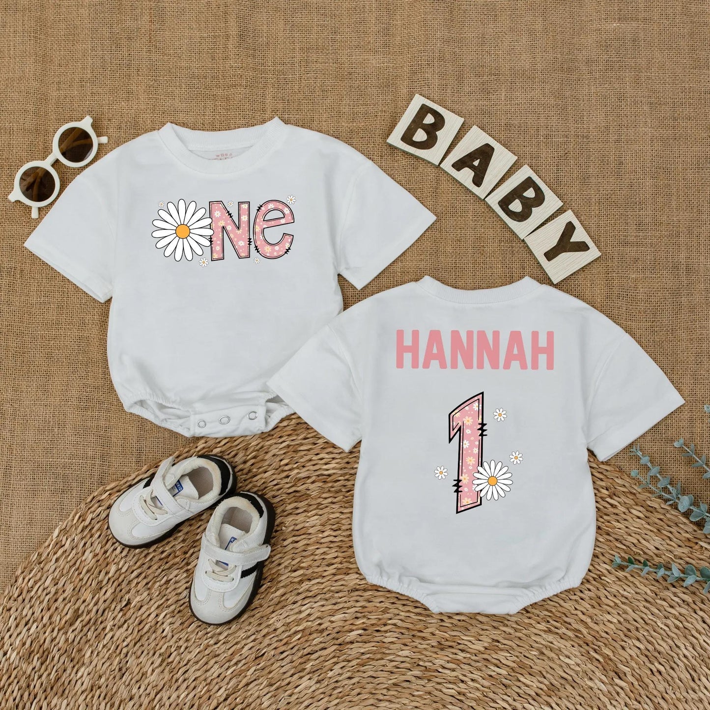 Personalized Daisy 1st Birthday Romper for Baby Girl, Wildflower Wild ONE Bodysuit, First Birthday Outfit, Custom Cake Smash