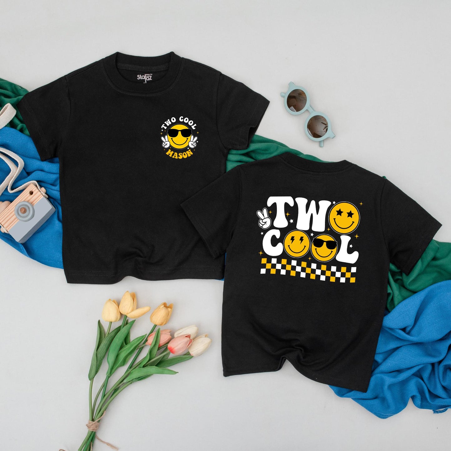 Two Cool Custom Birthday Boy Shirt, Retro Smiley Face Tee, Personalized Second Birthday Outfit, Toddler 2nd Birthday Gift, Happy Face Party Top