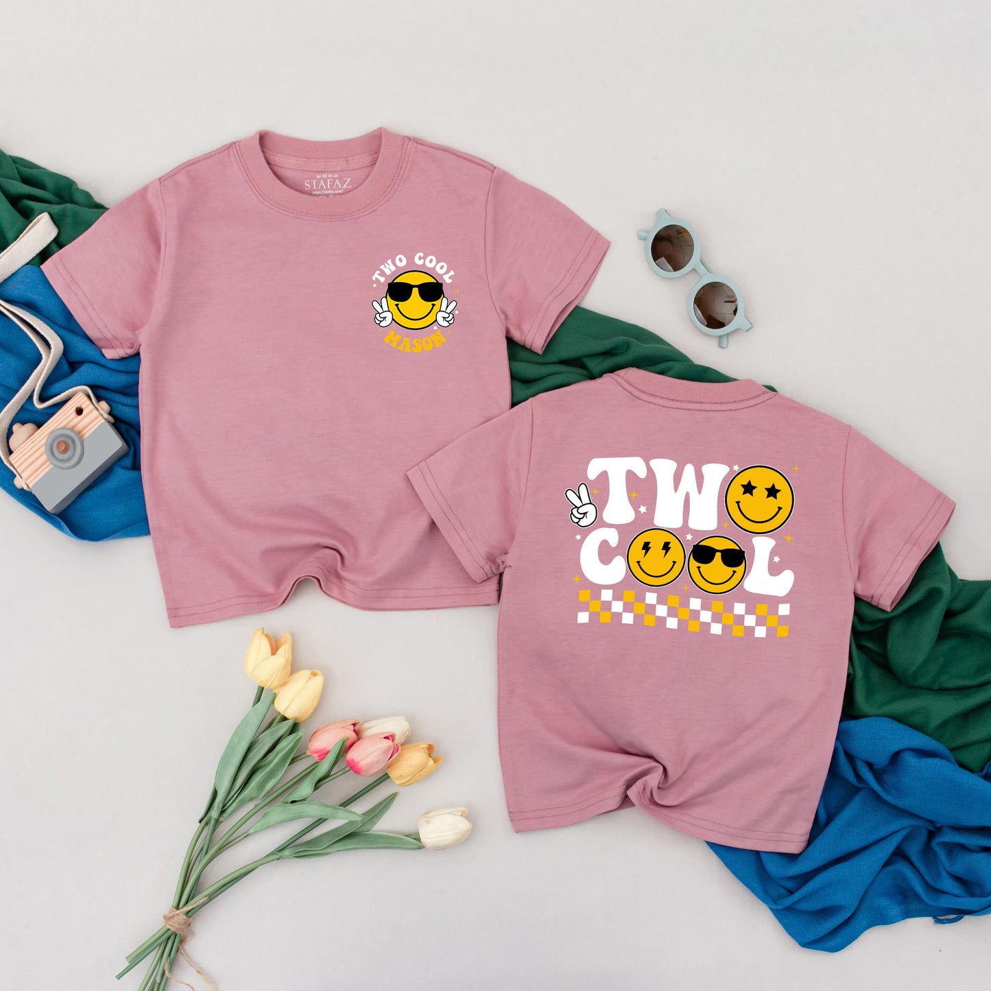 Two Cool Custom Birthday Boy Shirt, Retro Smiley Face Tee, Personalized Second Birthday Outfit, Toddler 2nd Birthday Gift, Happy Face Party Top