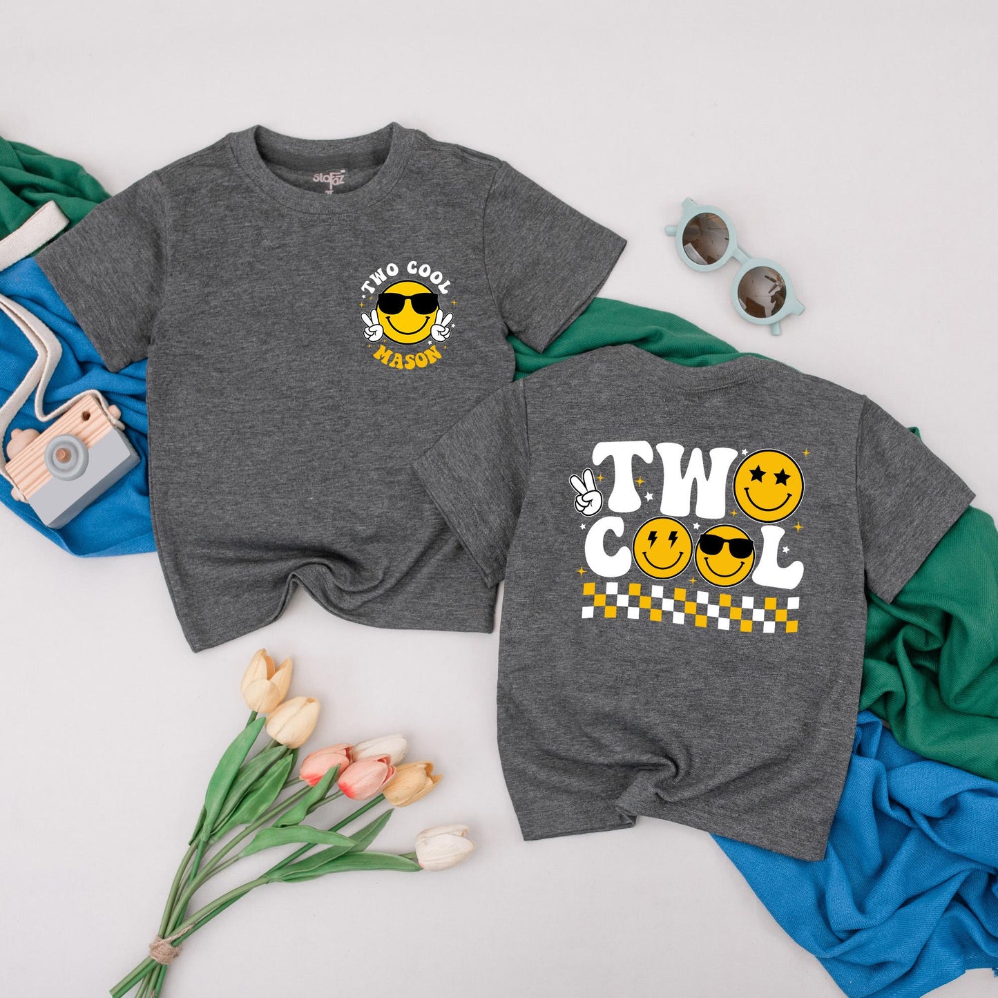 Two Cool Custom Birthday Boy Shirt, Retro Smiley Face Tee, Personalized Second Birthday Outfit, Toddler 2nd Birthday Gift, Happy Face Party Top