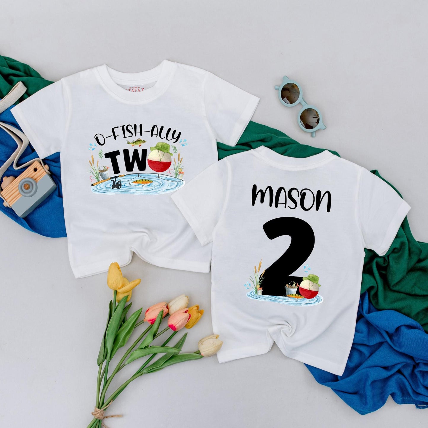 Personalized O-Fish-Ally Two Birthday T-Shirt for 2nd Birthday Boy, Playful Fishing Party Toddler Tee with Name and Bobber Fish Scene Design