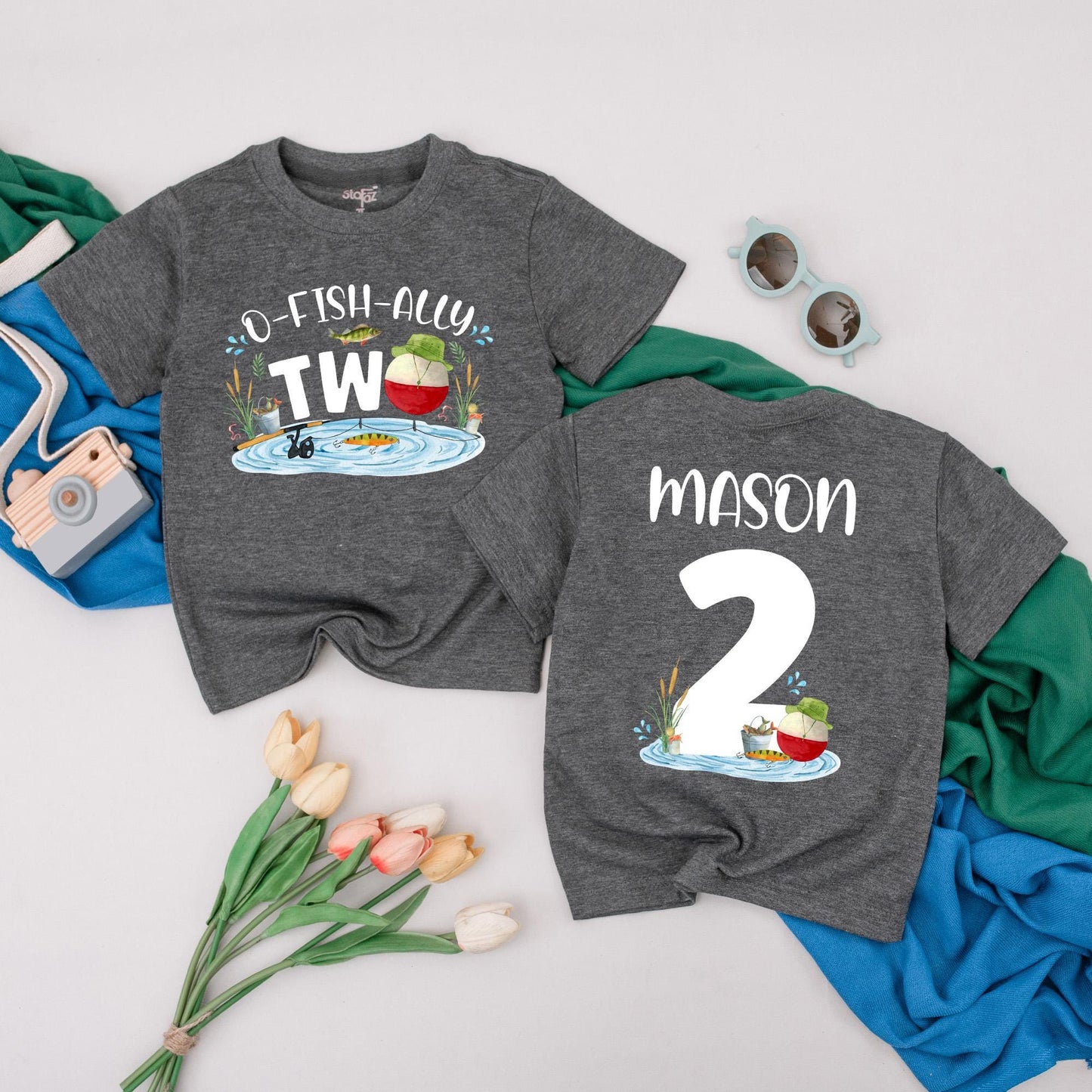 Personalized O-Fish-Ally Two Birthday T-Shirt for 2nd Birthday Boy, Playful Fishing Party Toddler Tee with Name and Bobber Fish Scene Design