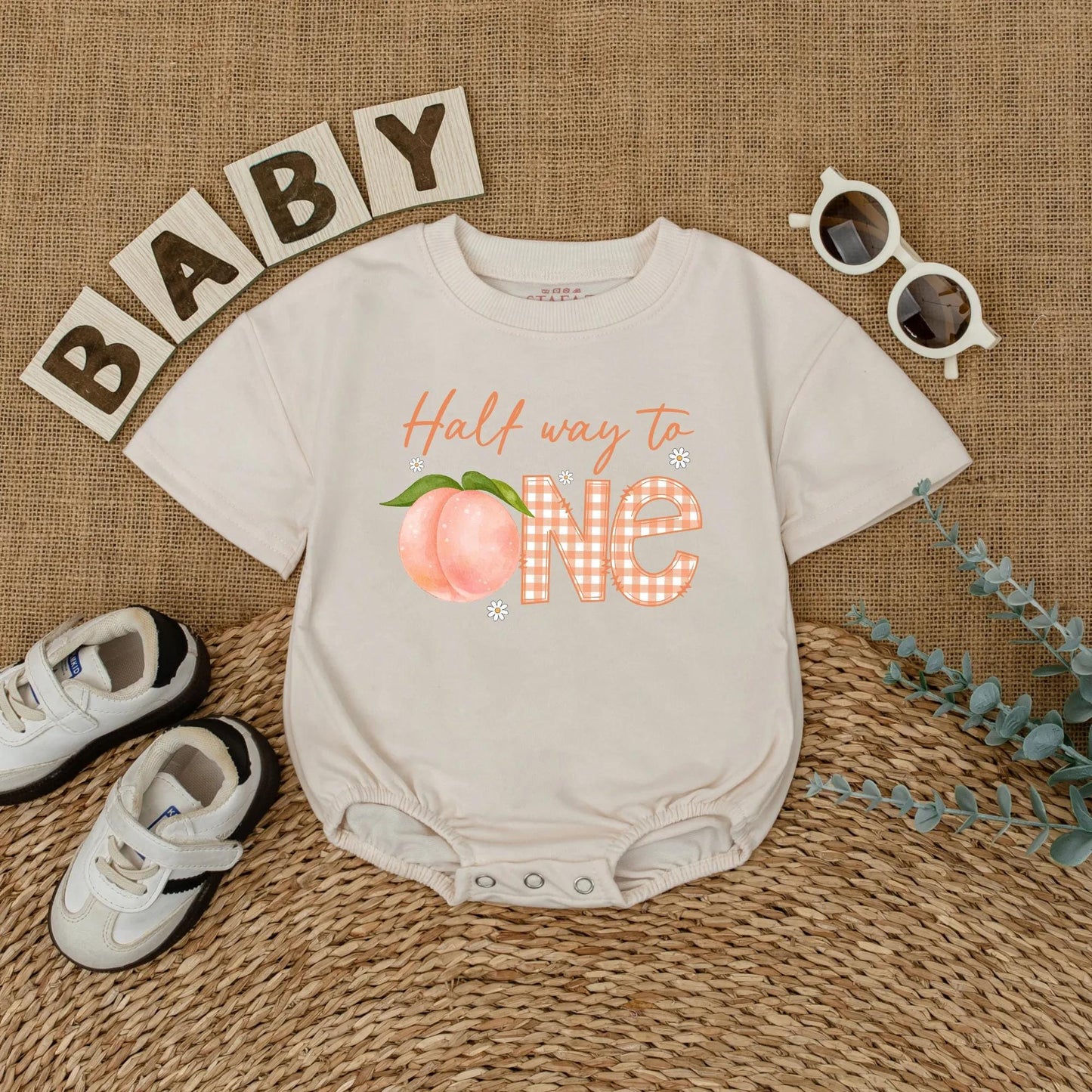 Personalized Peach Half Way To One Romper for Baby Girl's Sweet Half Birthday Party and Adorable Cake Smash Outfit Bodysuit Gift