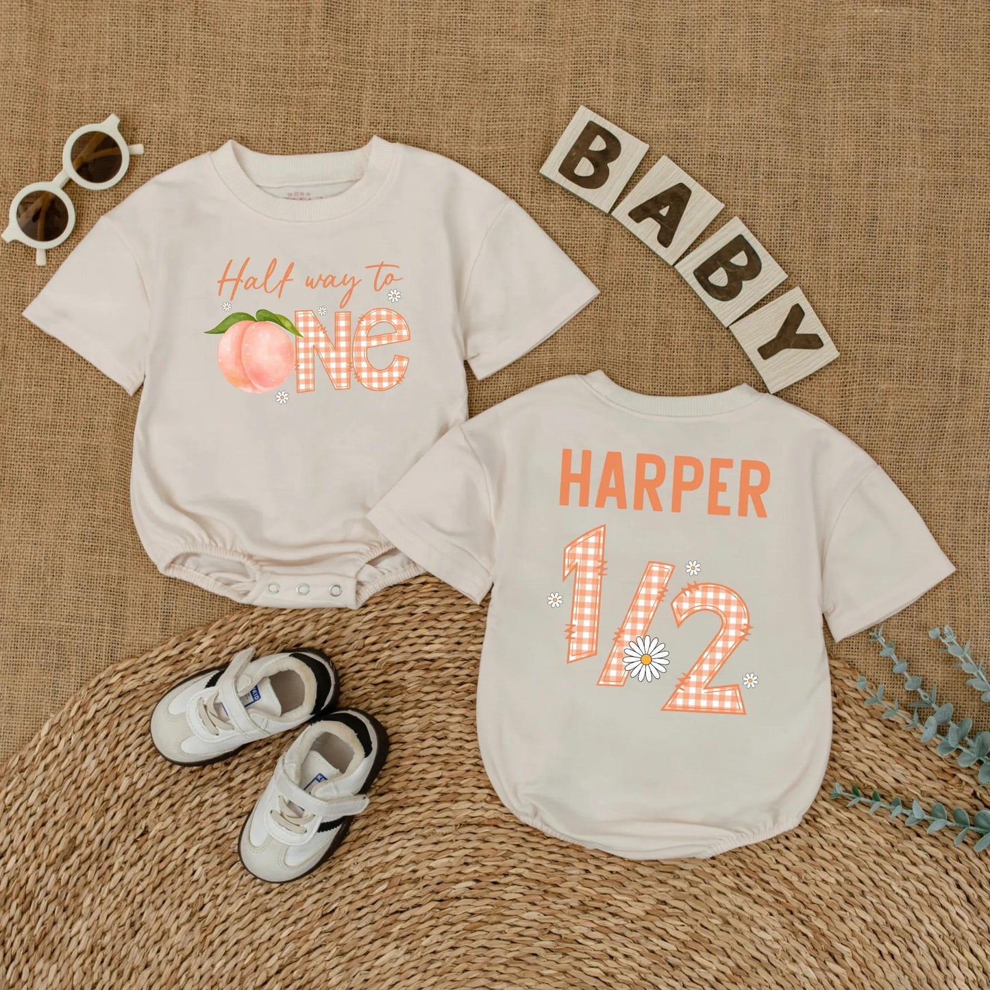 Personalized Peach Half Way To One Romper for Baby Girl's Sweet Half Birthday Party and Adorable Cake Smash Outfit Bodysuit Gift