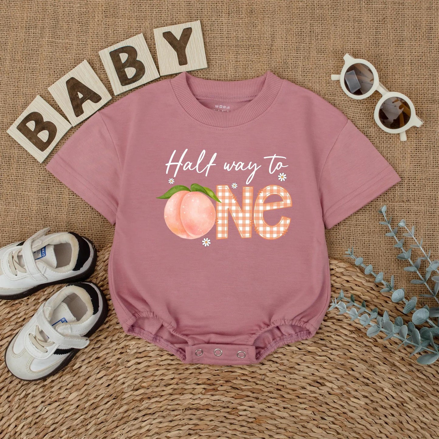 Personalized Peach Half Way To One Romper for Baby Girl's Sweet Half Birthday Party and Adorable Cake Smash Outfit Bodysuit Gift