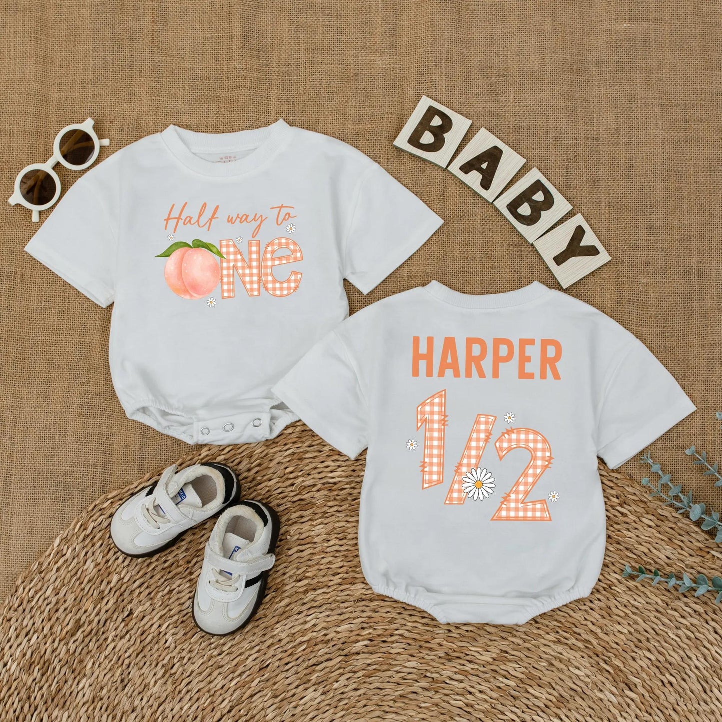 Personalized Peach Half Way To One Romper for Baby Girl's Sweet Half Birthday Party and Adorable Cake Smash Outfit Bodysuit Gift