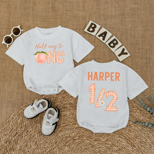 Personalized Peach Half Way To One Romper for Baby Girl's Sweet Half Birthday Party and Adorable Cake Smash Outfit Bodysuit Gift