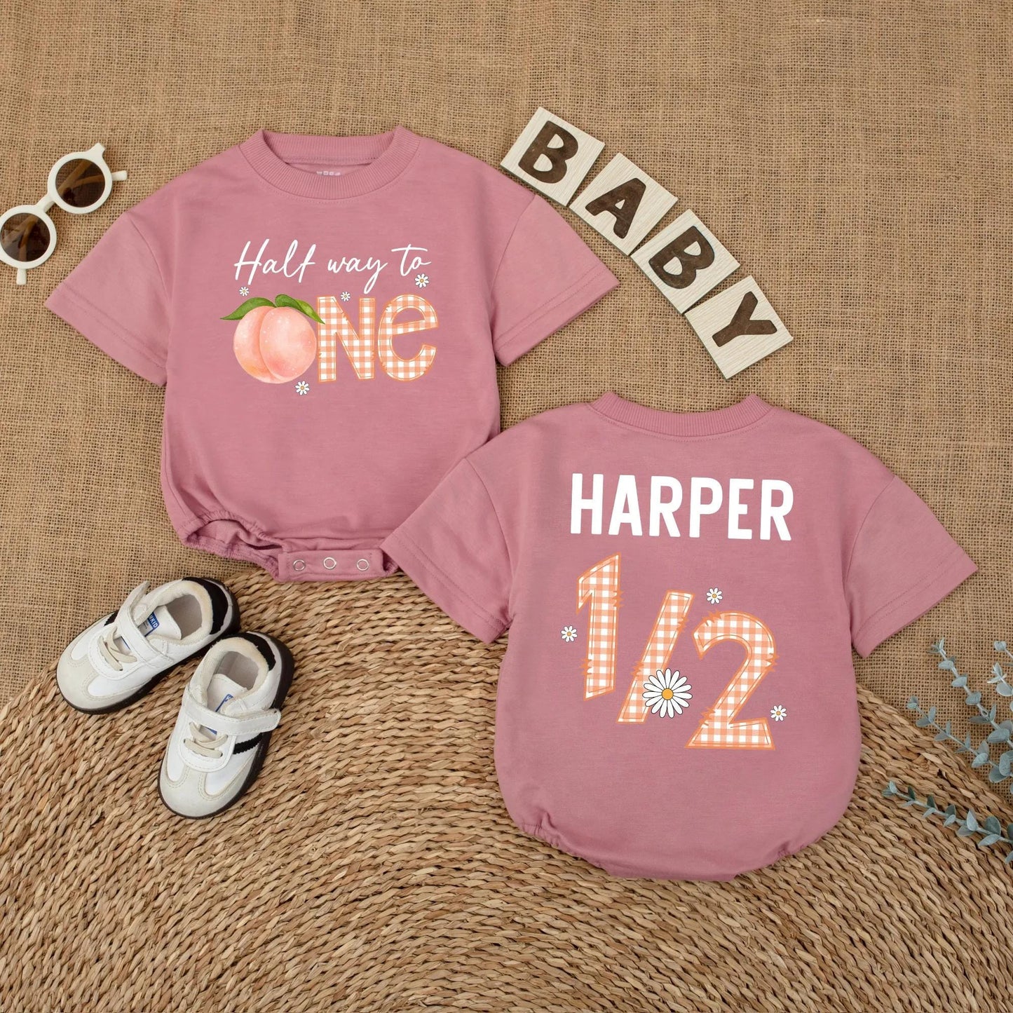 Personalized Peach Half Way To One Romper for Baby Girl's Sweet Half Birthday Party and Adorable Cake Smash Outfit Bodysuit Gift