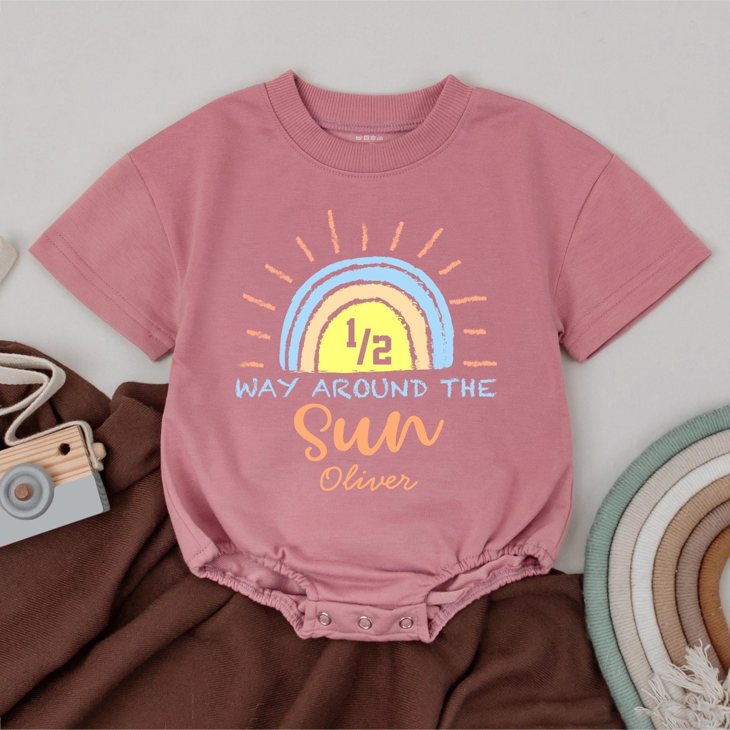 Personalized Halfway to One Baby Romper 1/2 Way Around the Sun Outfit 6 Month Milestone Bubble Gift