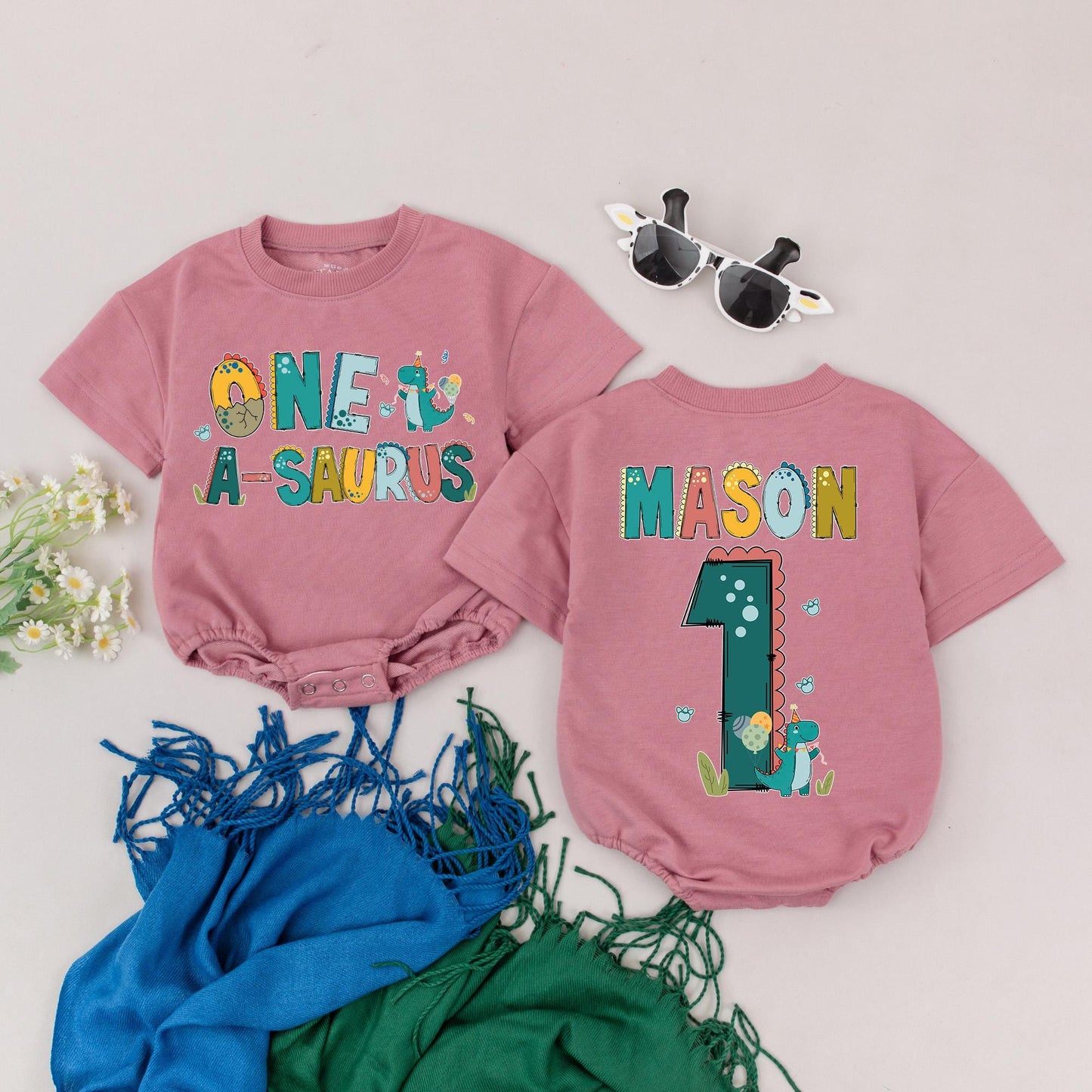 Personalized Dinosaur 1st Birthday Romper Custom Name One-A-Saurus Boy Outfit Colorful Dino Baby Soft Cotton Bodysuit Cheerful Celebration Gift