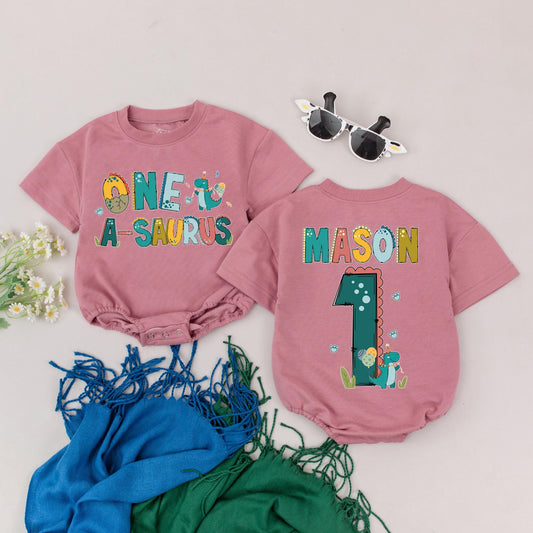 Personalized Dinosaur 1st Birthday Romper Custom Name One-A-Saurus Boy Outfit Colorful Dino Baby Soft Cotton Bodysuit Cheerful Celebration Gift