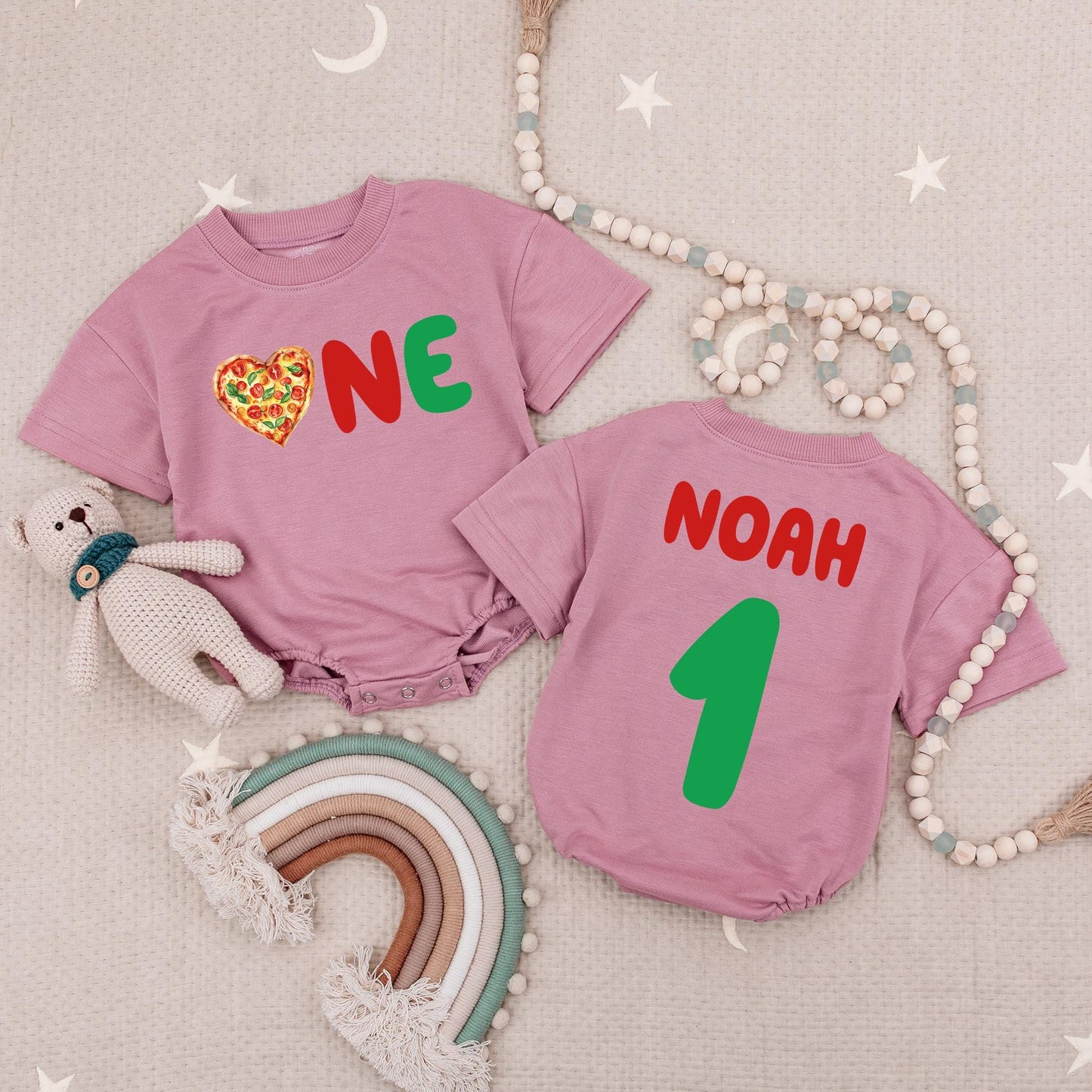Pizza One Birthday Baby Romper Adorable Red Green Graphics Personalized Noah Name for First Birthday Celebration