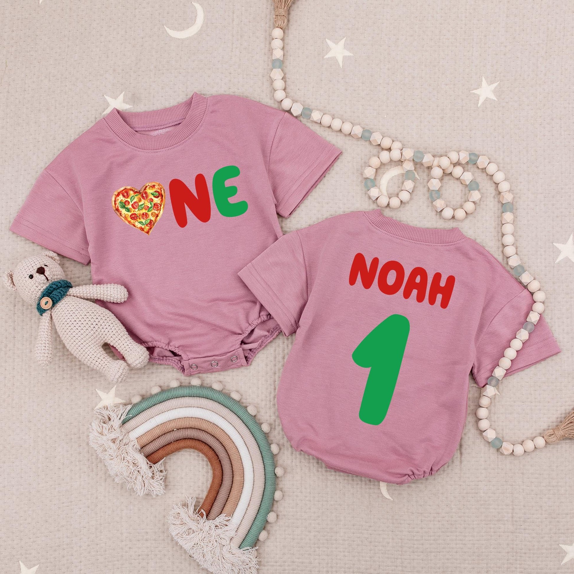 Pizza One Birthday Baby Romper Adorable Red Green Graphics Personalized Noah Name for First Birthday Celebration