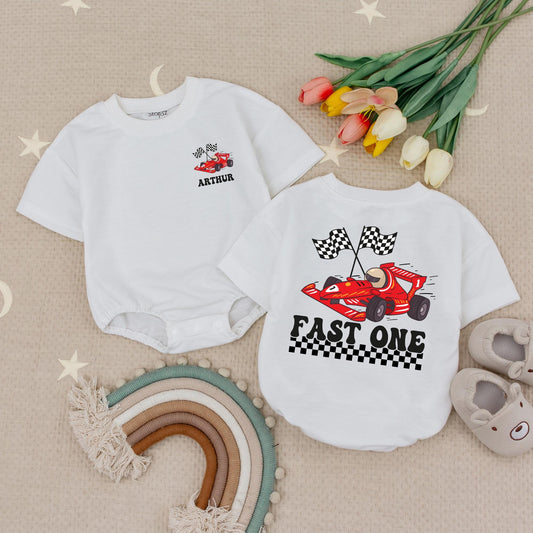 Personalized Racecar Birthday Romper, Fast One Bodysuit, Custom Name Racing Outfit for Baby Boy, Checkered Flags, First Birthday Party Gift, 1st Bday