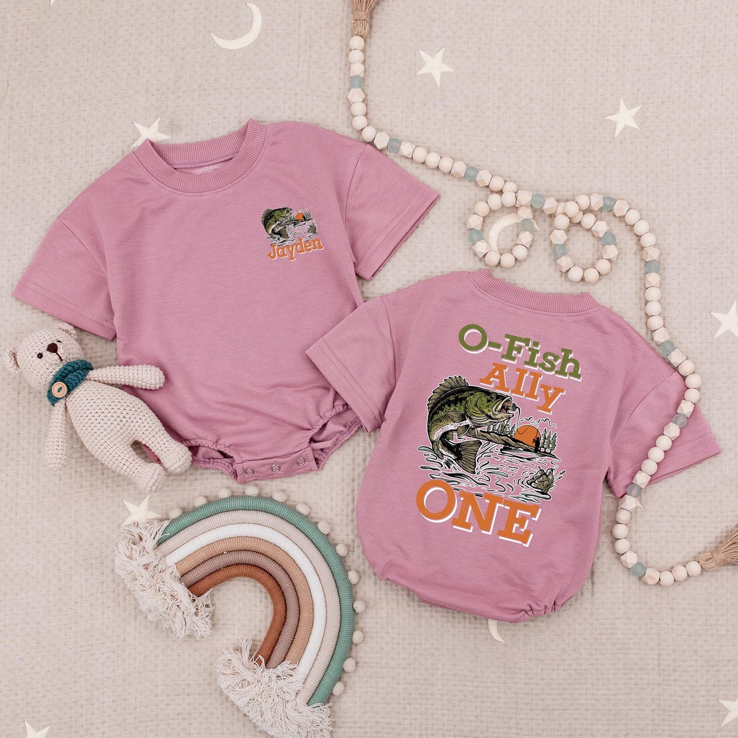 Personalized O-Fish-Ally One Romper: Vintage Fishing First Birthday Outfit, Custom Name Baby Bodysuit, The Big One Clothes, Sunset Scene 1st Birthday