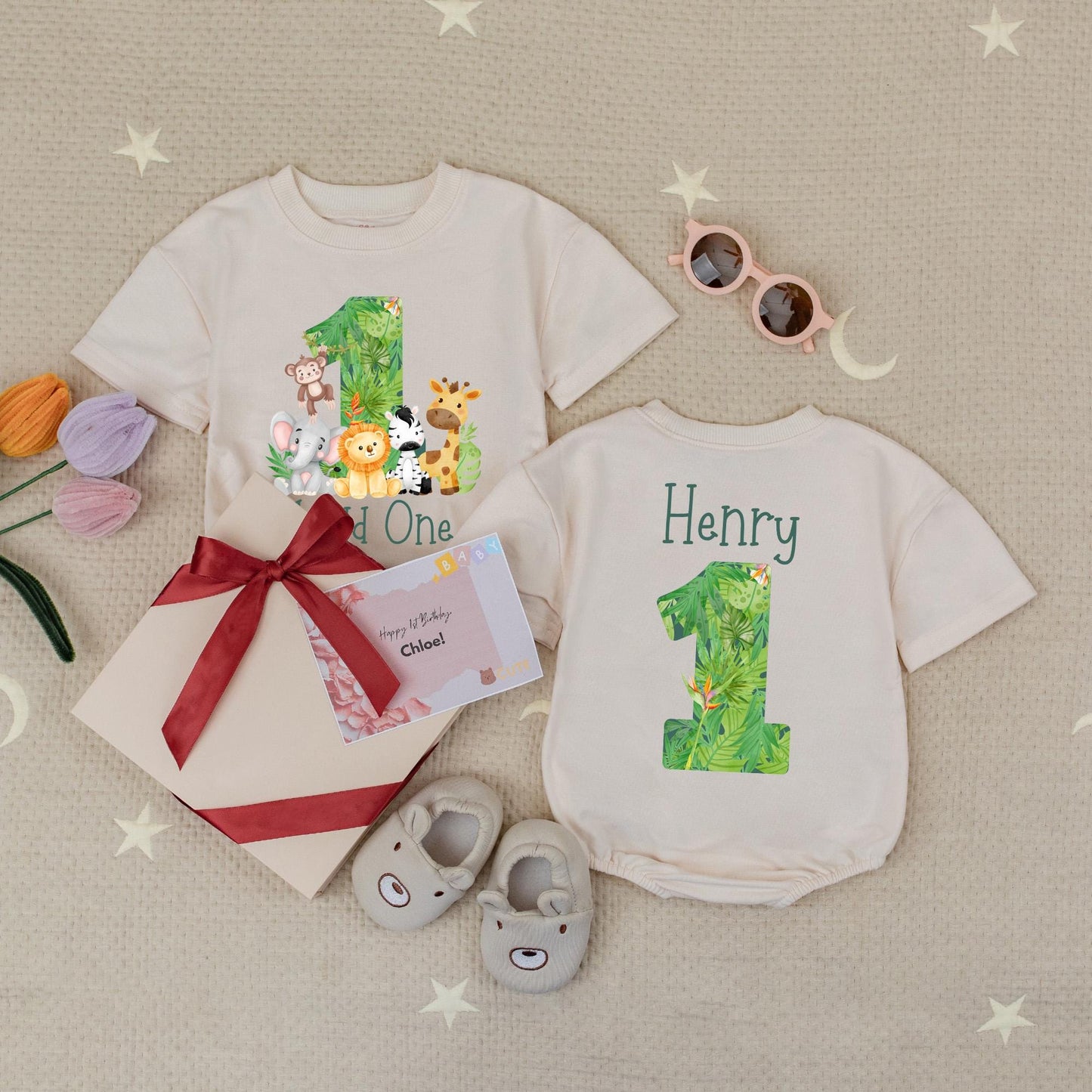 Wild One First Birthday Baby Romper, Personalized Name & Age Zoo Safari Outfit, Boy's 1st Birthday Babysuit, Green Leaf Design