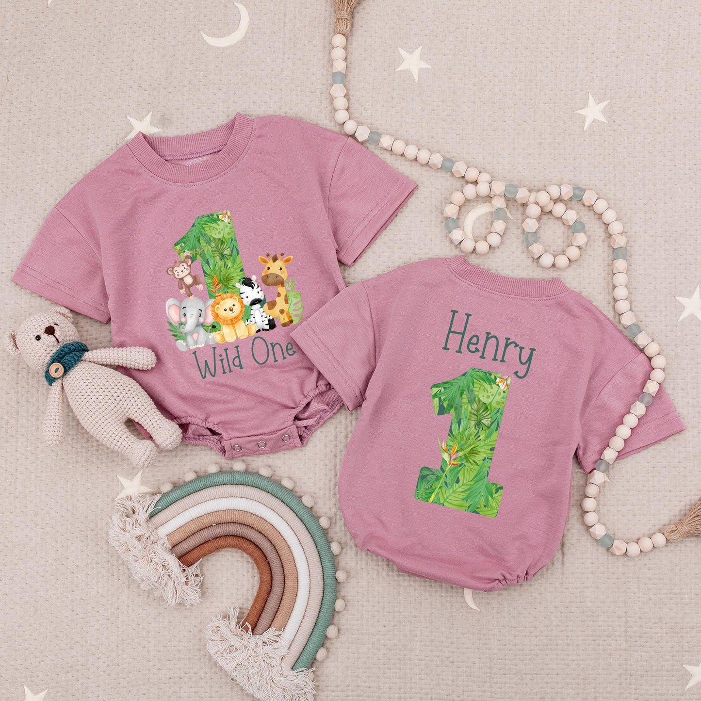 Wild One First Birthday Baby Romper, Personalized Name & Age Zoo Safari Outfit, Boy's 1st Birthday Babysuit, Green Leaf Design