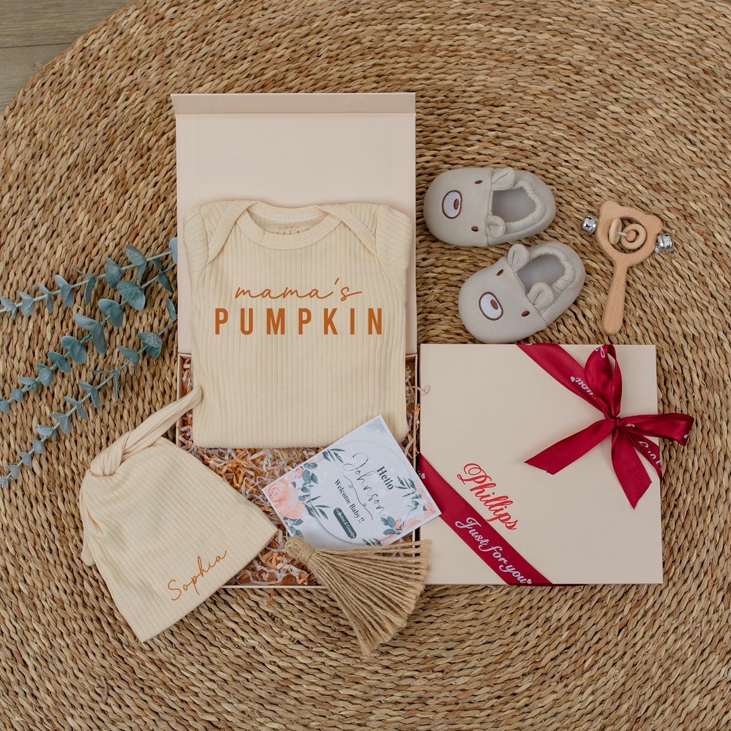 Mama's Pumpkin Baby Bodysuit & Hat Set Personalized with Sophia Name Cute Fall Newborn Outfit Cozy Coming Home Outfit Baby Shower Gift 136