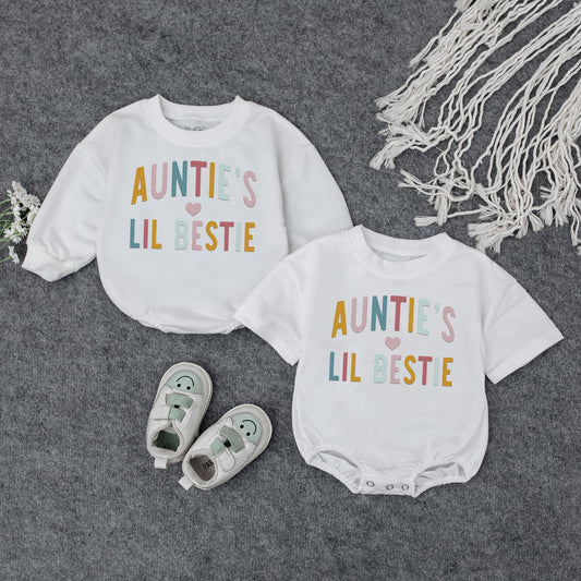 Auntie's Lil Bestie Newborn Baby Romper Gift from Auntie, soft comfortable cotton bodysuit featuring sweet handwriting for shower or pregnancy announcement