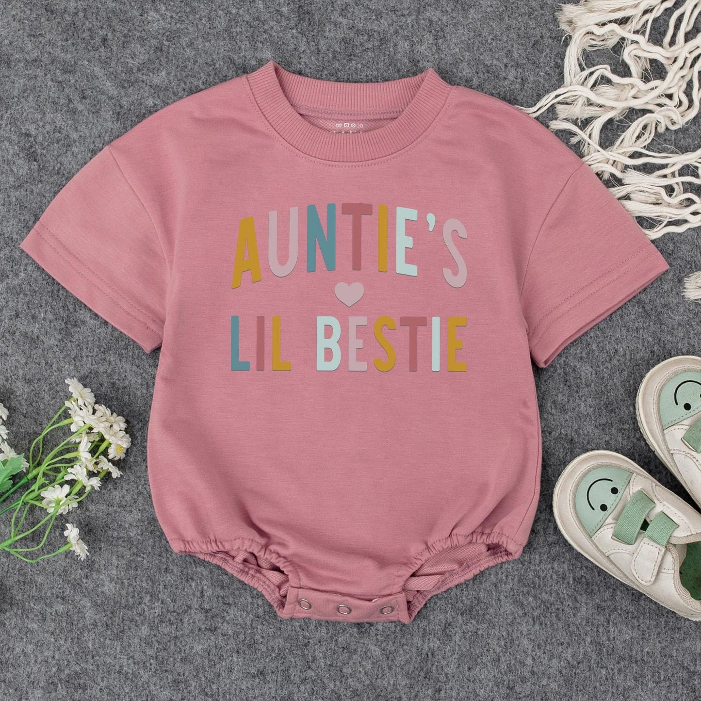 Auntie's Lil Bestie Newborn Baby Romper Gift from Auntie, soft comfortable cotton bodysuit featuring sweet handwriting for shower or pregnancy announcement