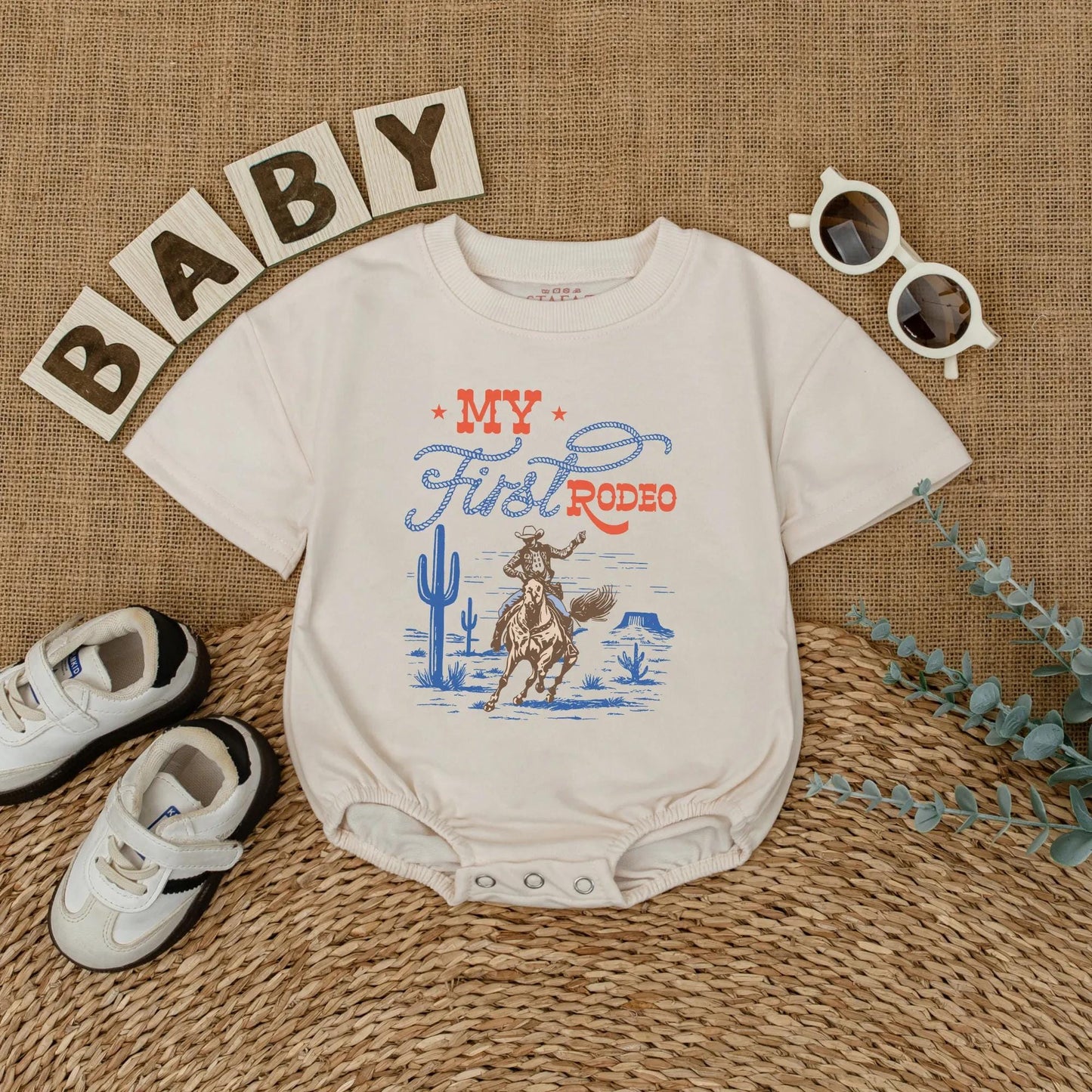 Custom My First Rodeo Baby Romper Personalized Wild West Cowboy Outfit Bubble Bodysuit for First Birthday Cowboy Theme Celebration Gift