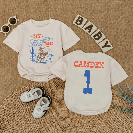 Custom My First Rodeo Baby Romper Personalized Wild West Cowboy Outfit Bubble Bodysuit for First Birthday Cowboy Theme Celebration Gift
