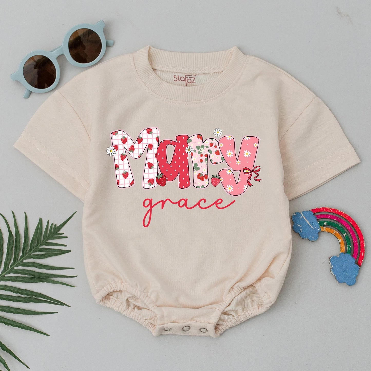 Mary Grace Strawberry Baby Bubble Romper Cute Fruit Summer Bodysuit Personalized Birthday Outfit Baby Shower Gift