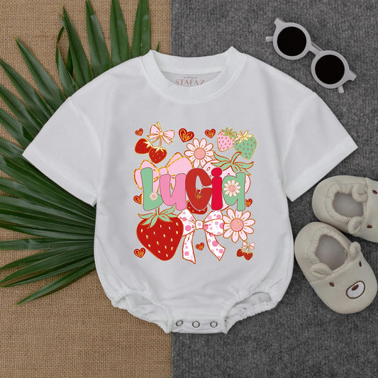 Personalized Strawberry Name Bubble Romper for Baby Girl: Sweet Berry 1st Birthday Outfit with Bow, Infant Shower Gift