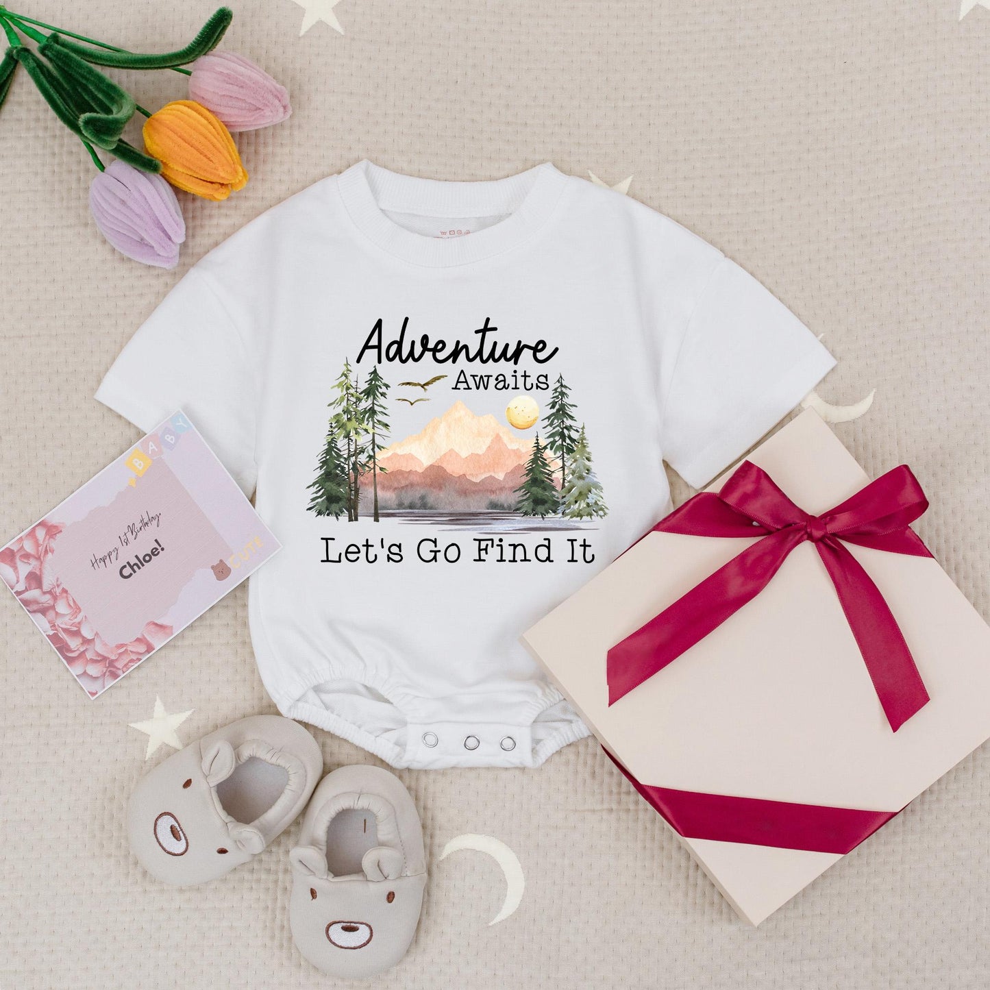 Adventure Awaits Baby Romper - Let's Go Find It! Cute Outdoor Nature Bodysuit for Little Explorers, Hiking & Travel, Whimsical Newborn Outfit 139 chars